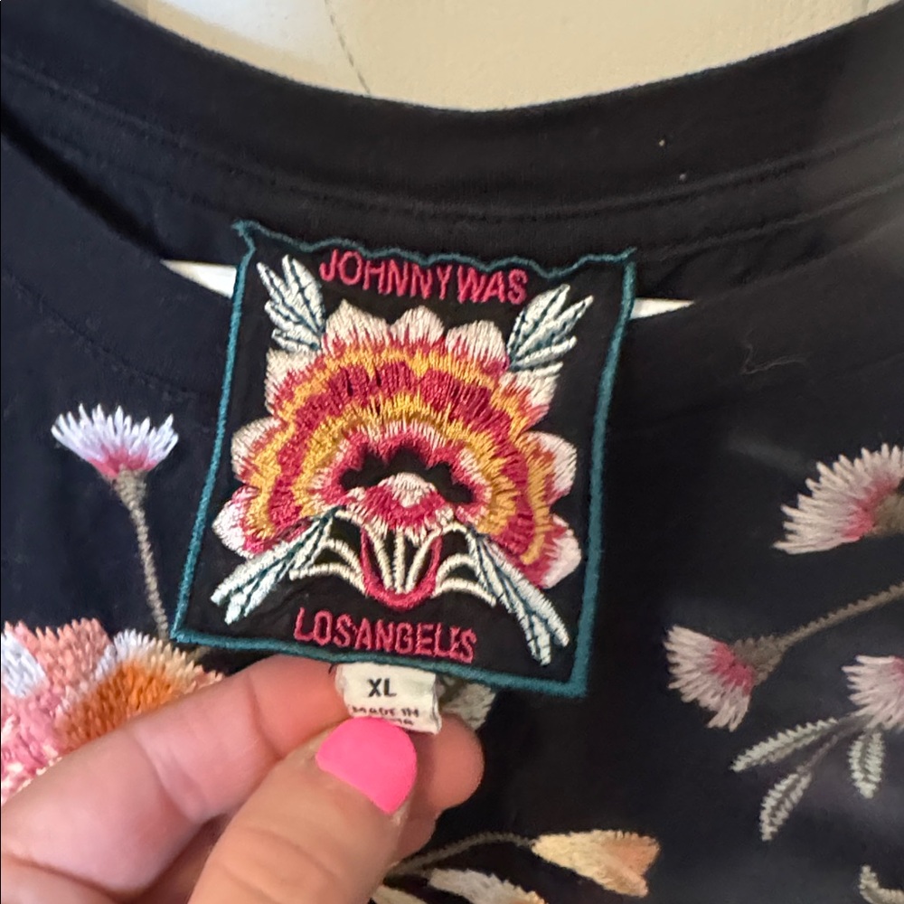 Johnny Was Black Top with Pink Floral Embroidery - Picture 3 of 5